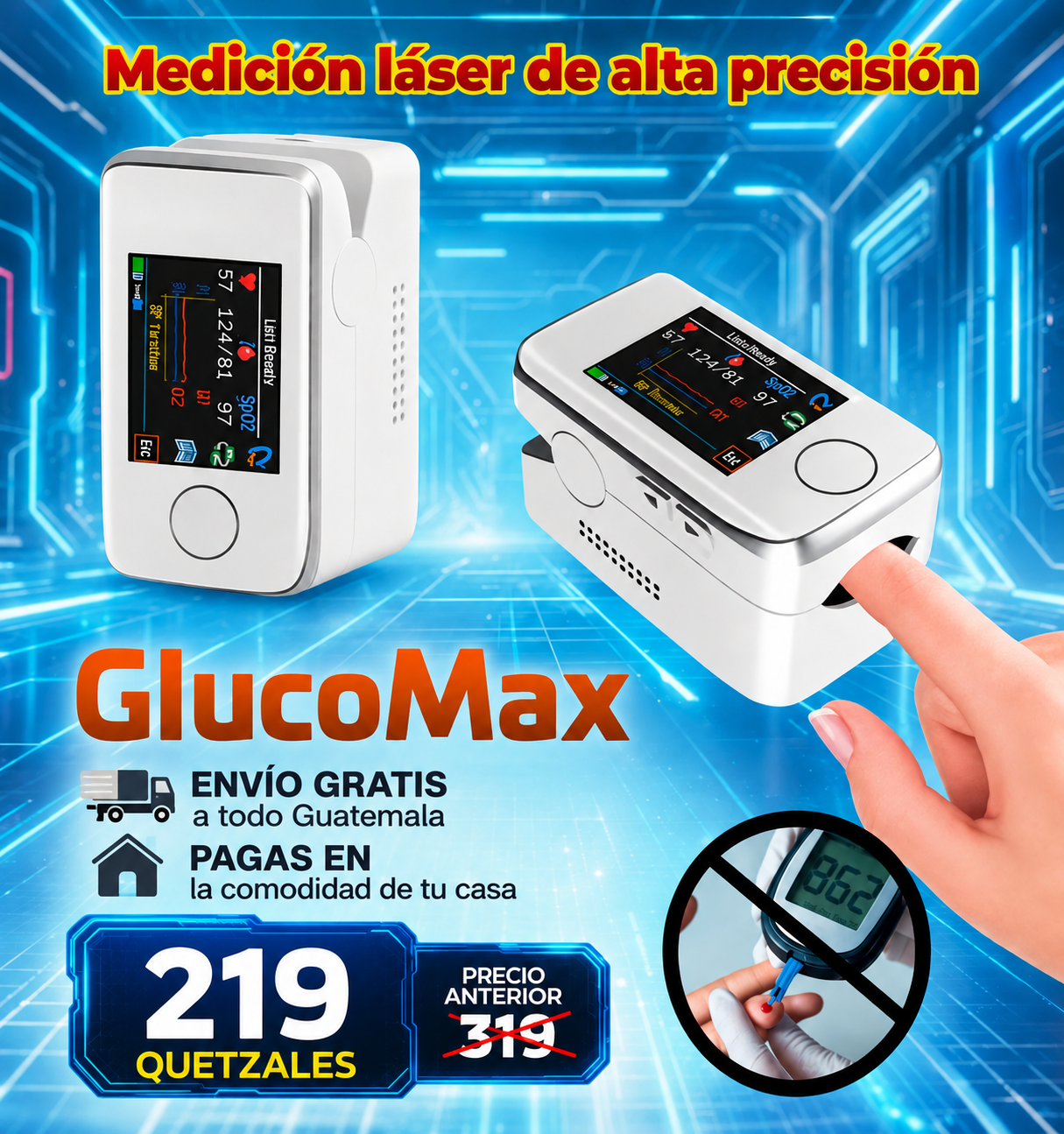 GLUCOMAX Medidor de glucosa láser indoloro - ENVÍO GRATIS