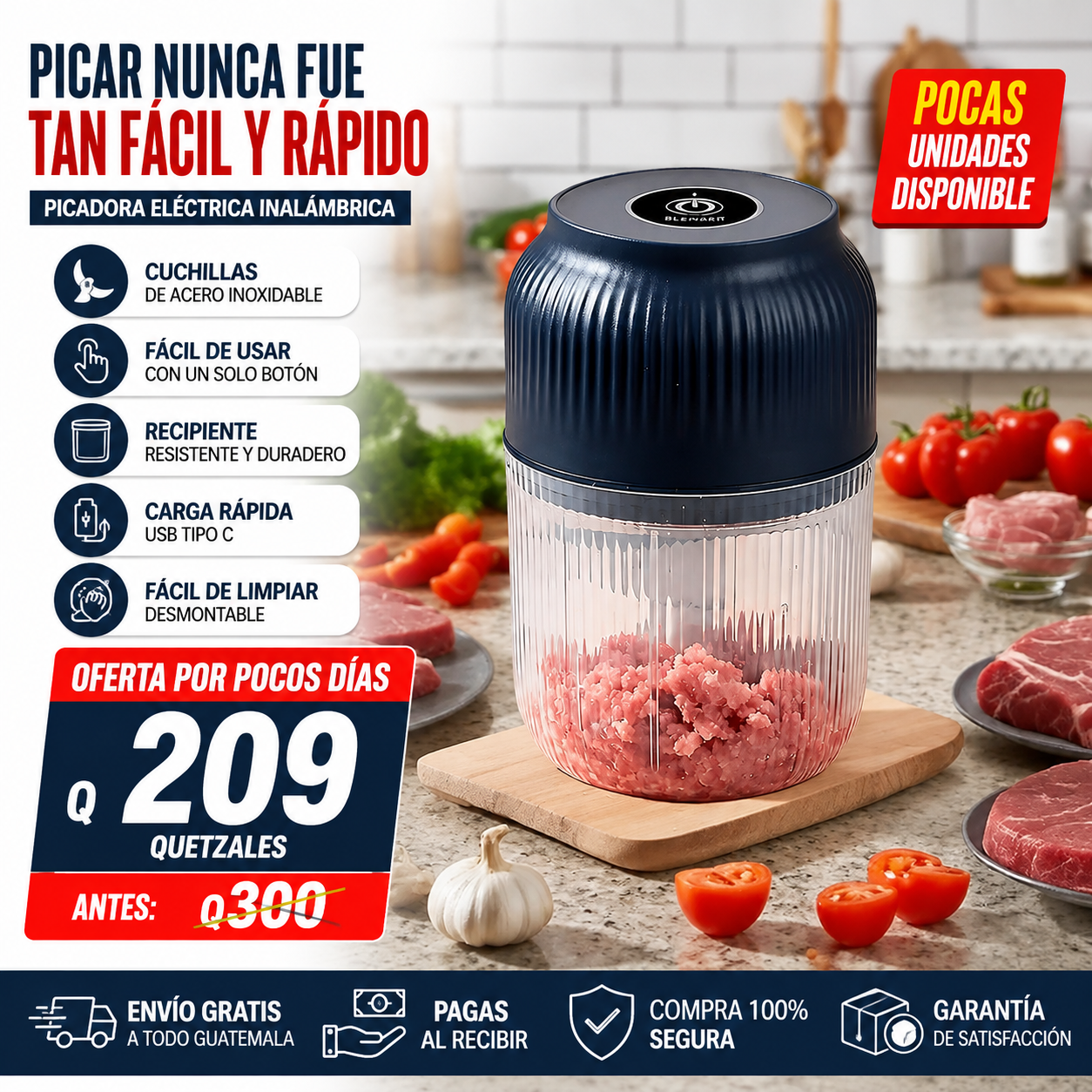 Picadora de alimentos mini recargable por USB de 300 ml para ajo y preparación de comidas.
