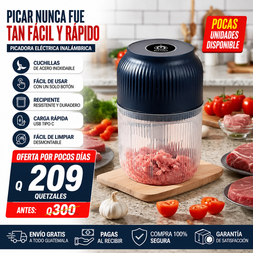 Picadora de alimentos mini recargable por USB de 300 ml para ajo y preparación de comidas.