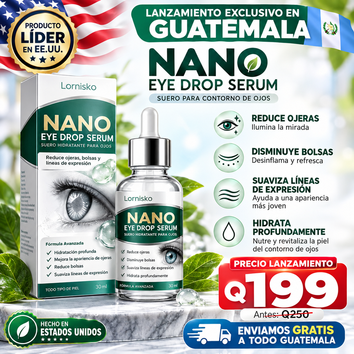 Gel calmante para el contorno de ojos Laniska con cafeína y ácido hialurónico, 30 ml-TOP DE VENTAS