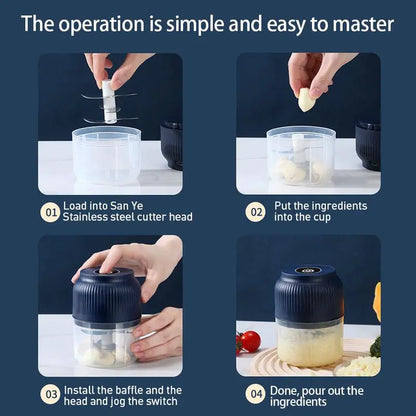 Picadora de alimentos mini recargable por USB de 300 ml para ajo y preparación de comidas.