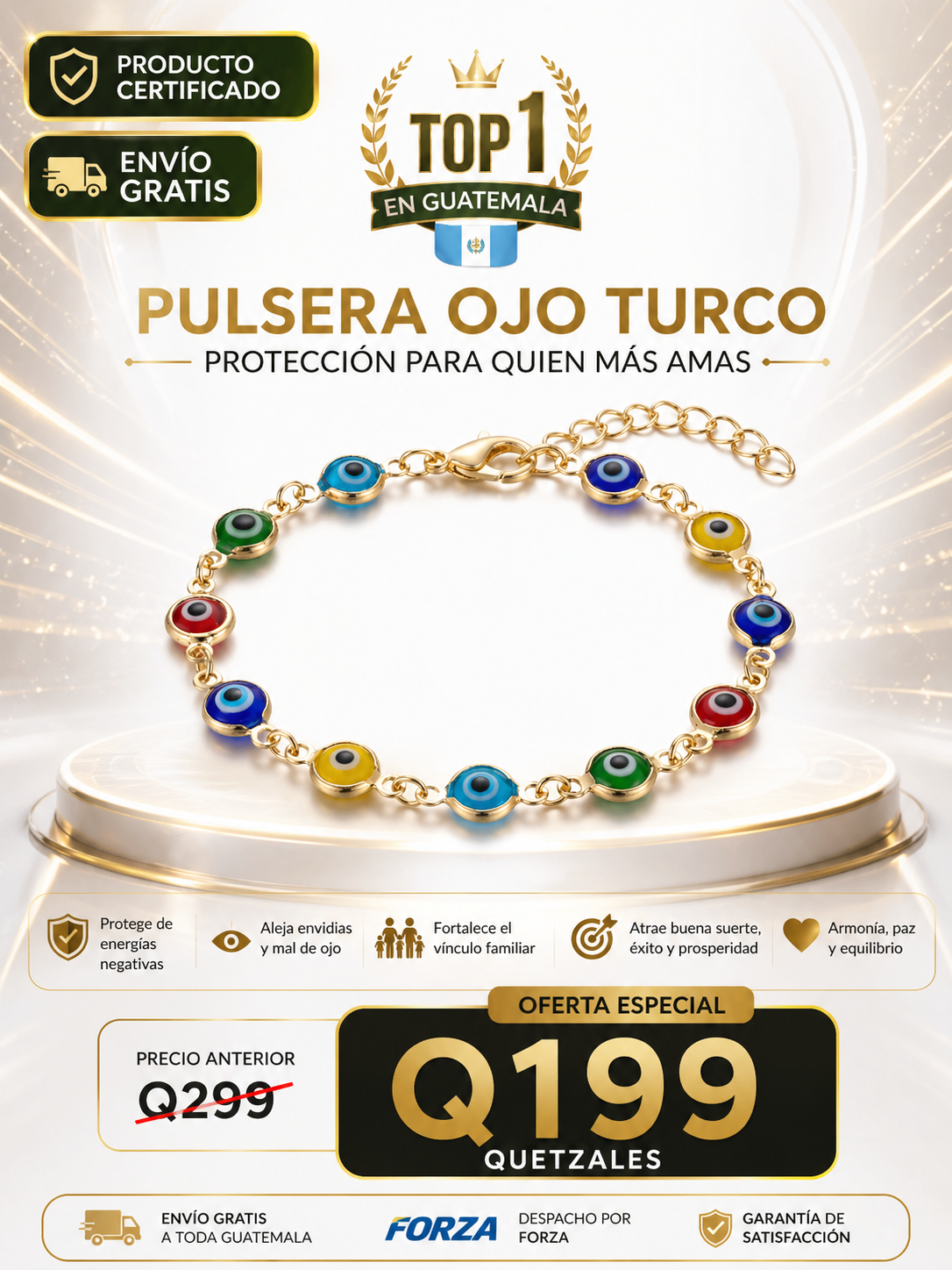Pulsera Ojo Turco Bañada en Oro-Buena Energía y Protección